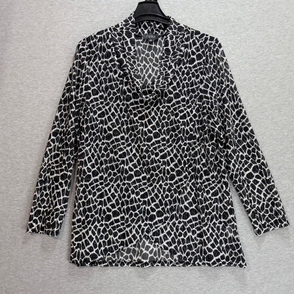 Papillon Cowl Neck Top Womens XL Black Semi-Sheer White Animal Print Career